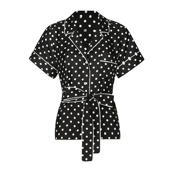 Short-sleeved silk pajama shirt with polka-dot print