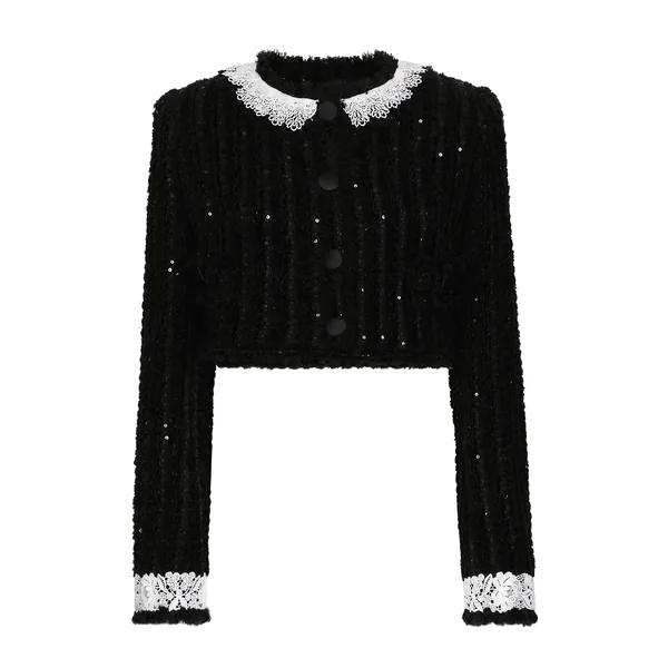 Short tweed jacket with micro-sequin embellishment