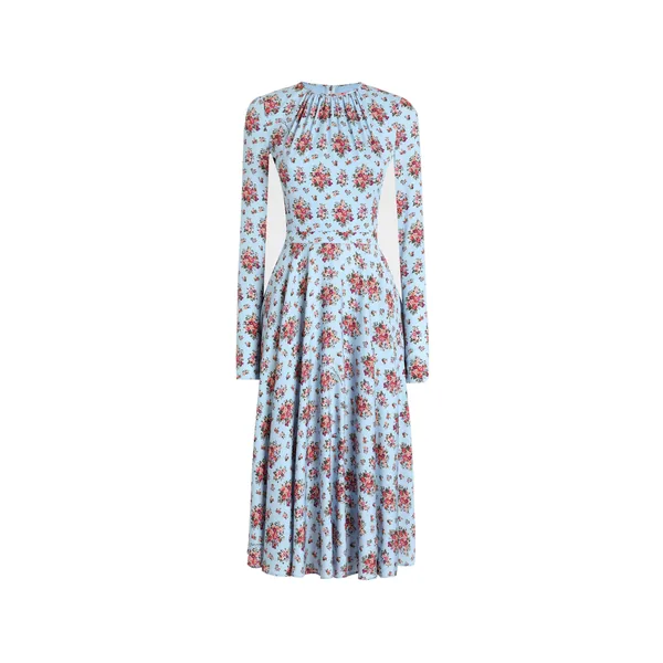 Small flower bouquets-print long charmeuse dress