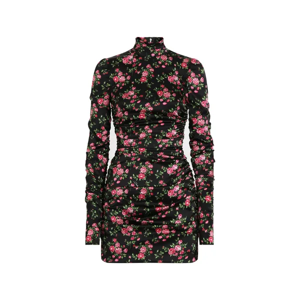 Small rose bouquets-print long satin dress