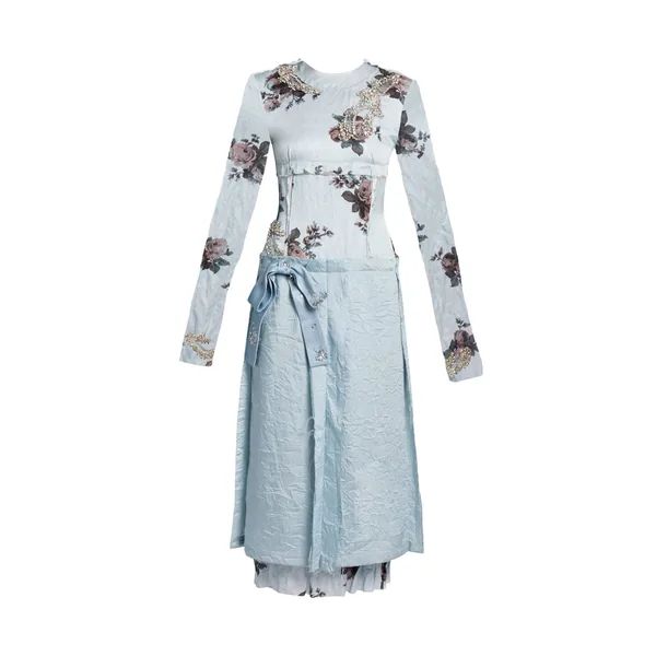 Embroidered Crushed Fluid Satin Long Sleeve Midi Dress