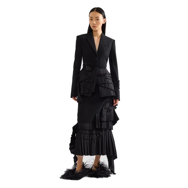 Erdem Embroidered Grain De Poudre Midi Pencil Skirt, view 6