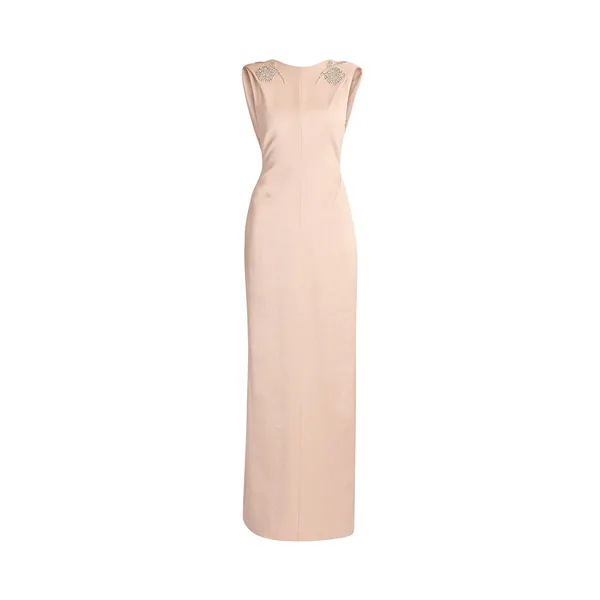 Embroidered Heavy Satin Sleeveless Draped Gown