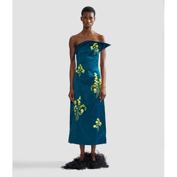 Erdem Embroidered Textured Satin Midi Pencil Dress - Dresses - British Romantic Luxury at Coveti