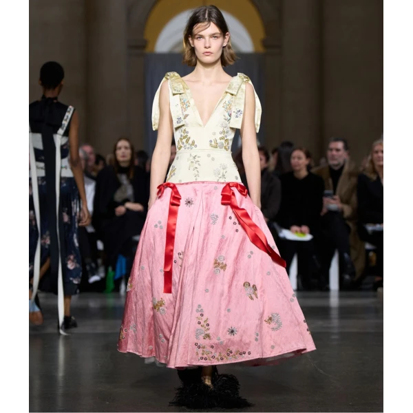 Erdem Embroidered Textured Satin Short Sleeve Midi Dress, view 2