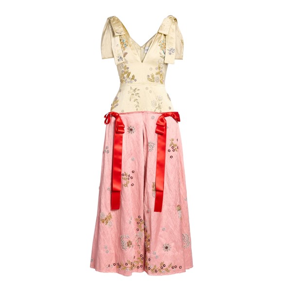 Erdem Embroidered Textured Satin Short Sleeve Midi Dress