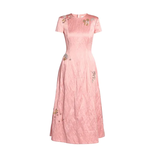 Emroidered Textured Satin Short Sleeve Midi Dress