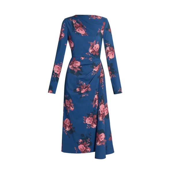 Erdem Floral Cady Long Sleeve Draped Midi Dress