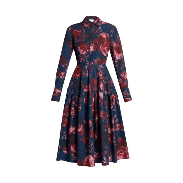 Erdem Floral Cotton Draped Long Sleeve Shirt Dress