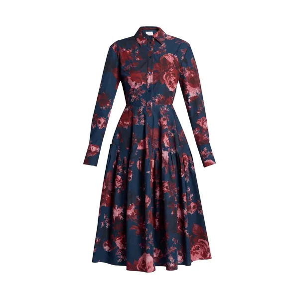 Erdem Floral Cotton Draped Long Sleeve Shirt Dress