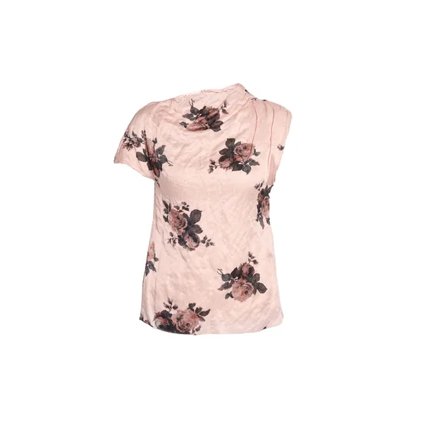 Erdem Floral Crushed Satin Short Sleeve Draped Top
