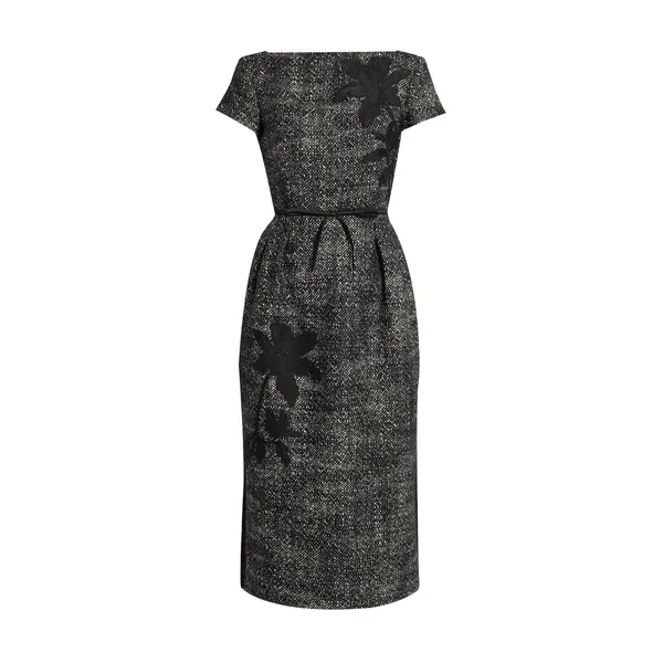 Floral Embroidered Wool Short Sleeve Midi Dress