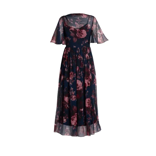 Floral Silk Creponne Short Sleeve Midi Dress