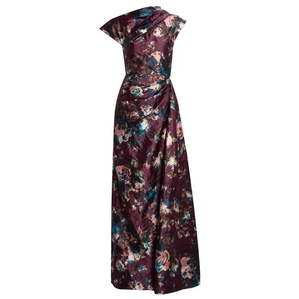 Floral Textured Satin Short Sleeve Draped Gown