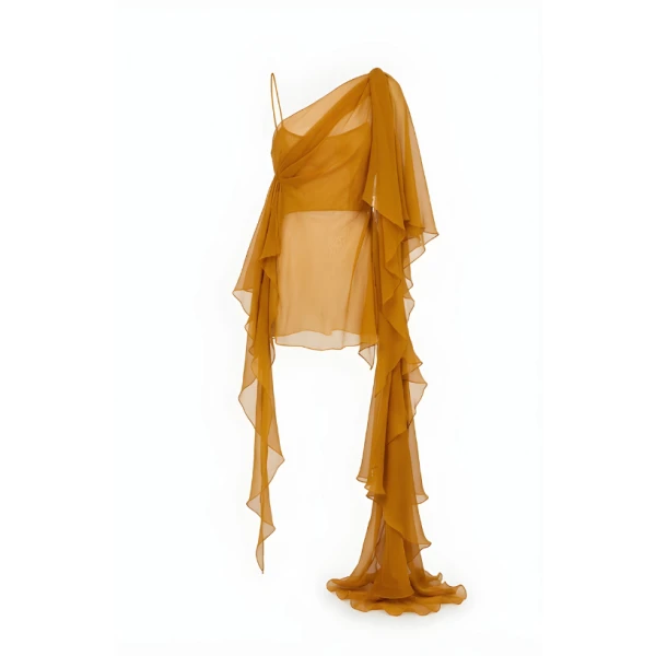 LaQuan Smith Asymmetrical Top with Ruffle Detail in Marigold, view 2