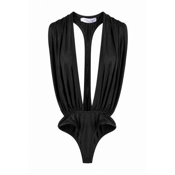 LaQuan Smith Bodysuit with Plunge Neckline and Cutout Detail in Black