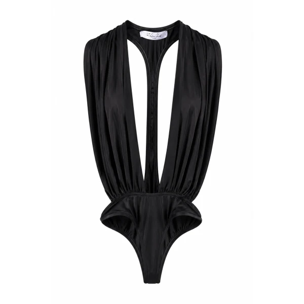 Bodysuit with Plunge Neckline and Cutout Detail in Black