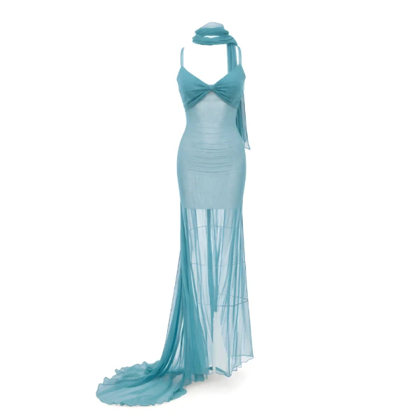 Gown with Neck Tie Detail in Aqua
