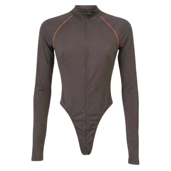 LaQuan Smith Long Sleeve Bodysuit with Top Stitching in Taupe