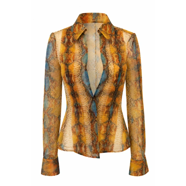 Pleat Front Long Sleeve Blouse in Amber Python