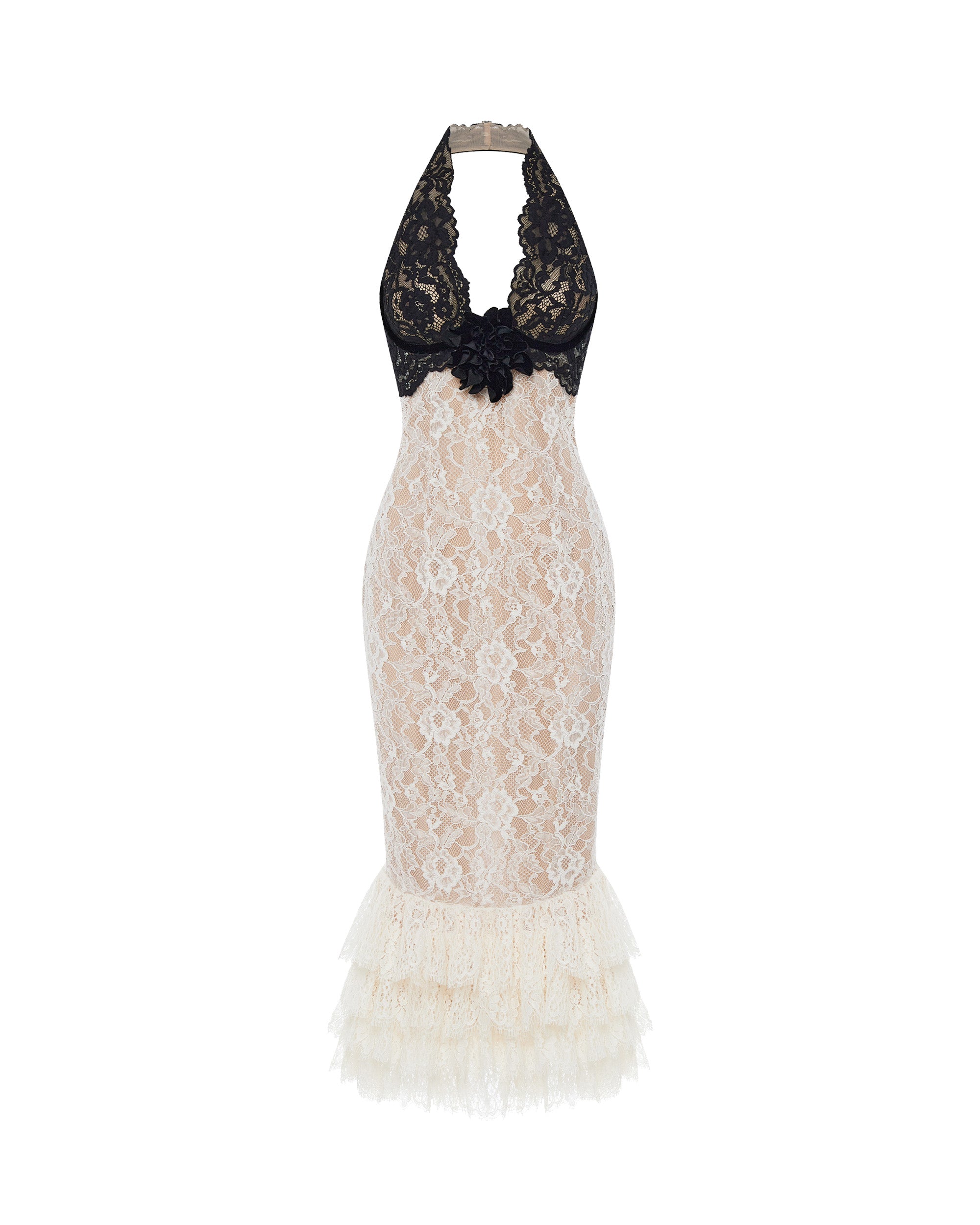 Lace midi dress with a flower in White and black
