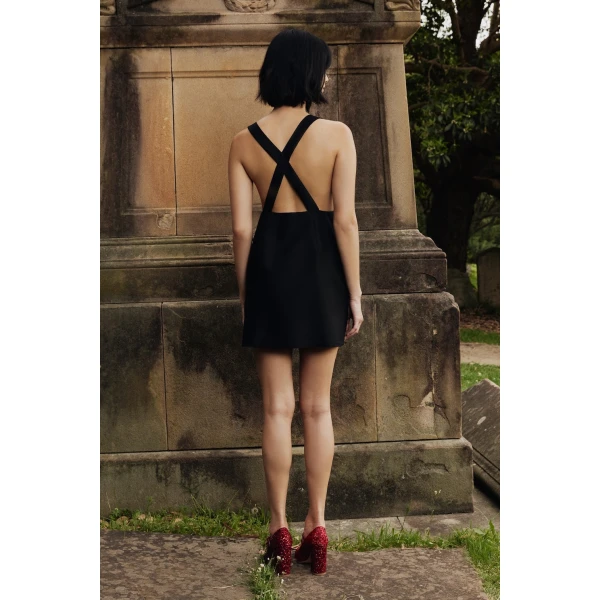 Macgraw Cross Back Apron Dress in Black, view 3