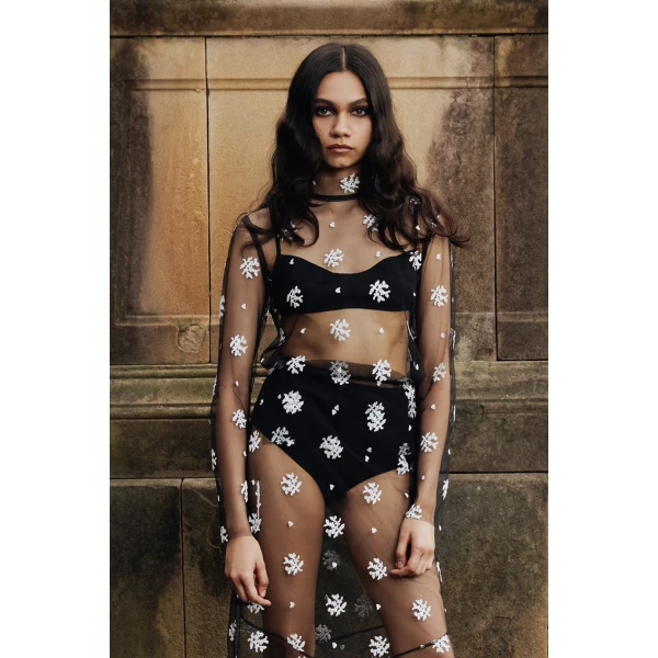 Macgraw Dorothea Top in Black and white floral embroidery, view 2