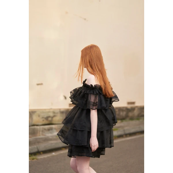 Macgraw Petal off-shoulder Dress in Black, view 4