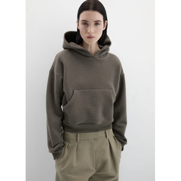 Magda Butrym Cropped cotton hoodie with monogram embroidery in grey Top, view 2