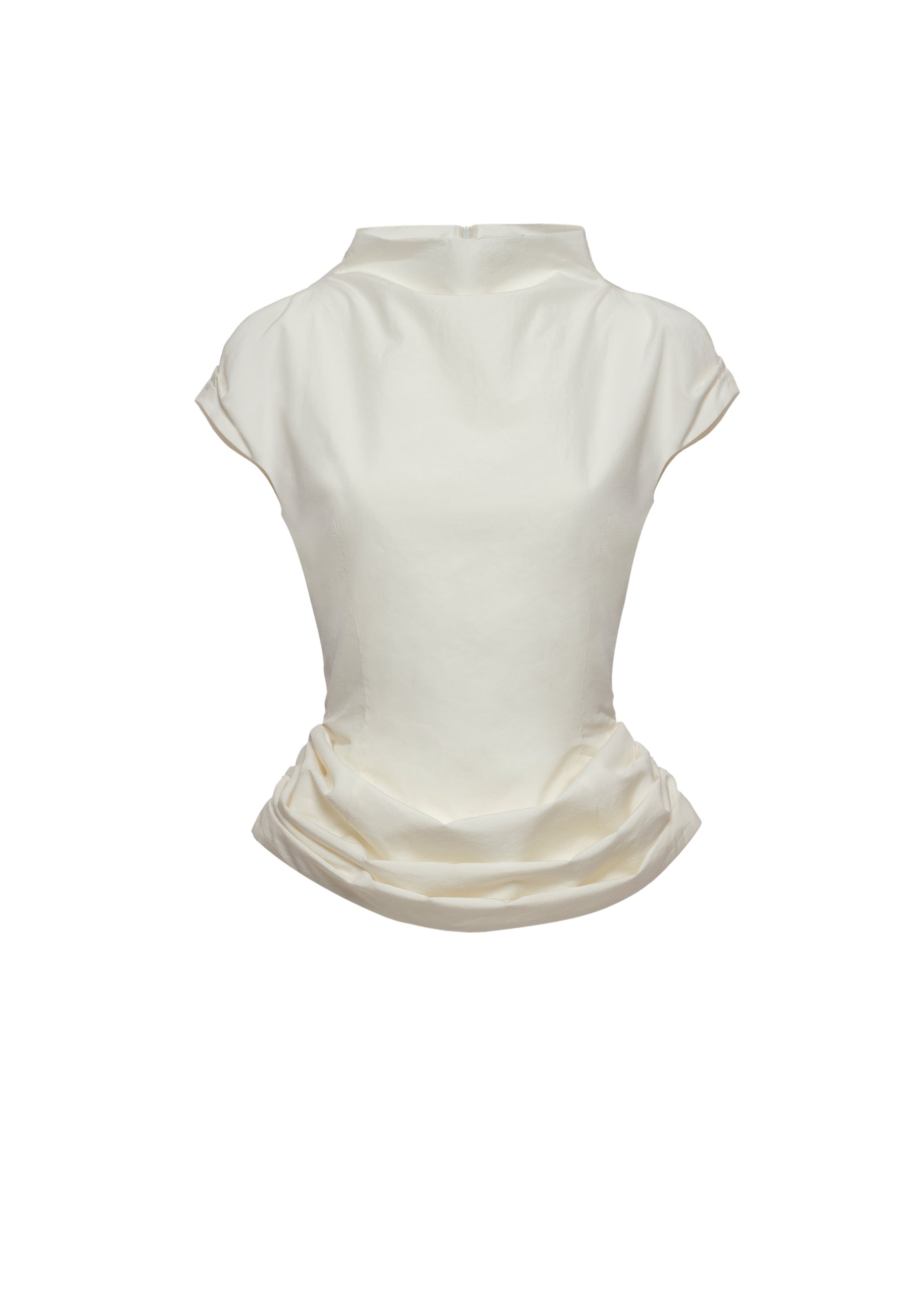 Magda Butrym Fitted draped blouse with stand collar in cream | Coveti Magda Butrym Fitted draped blouse with stand collar in cream