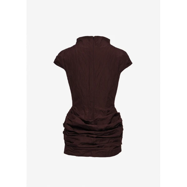 Magda Butrym Fitted draped mini dress with stand collar in brown, view 3