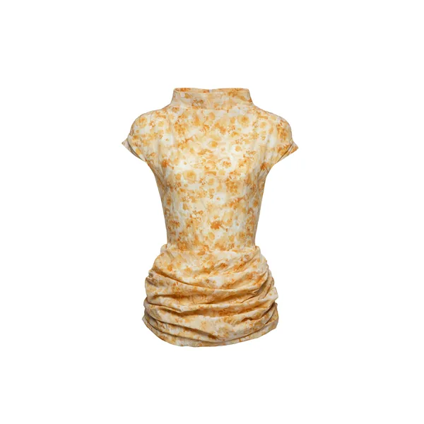 Magda Butrym Fitted draped mini dress with stand collar in yellow print
