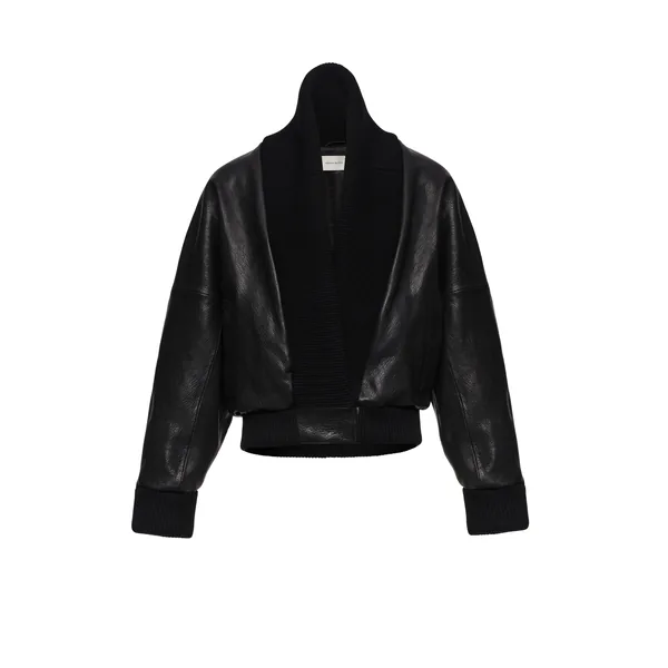 Magda Butrym Leather bomber jacket with knit shawl collar in black