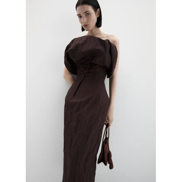 Magda Butrym Sculptural neckline fitted dress in brown, view 3