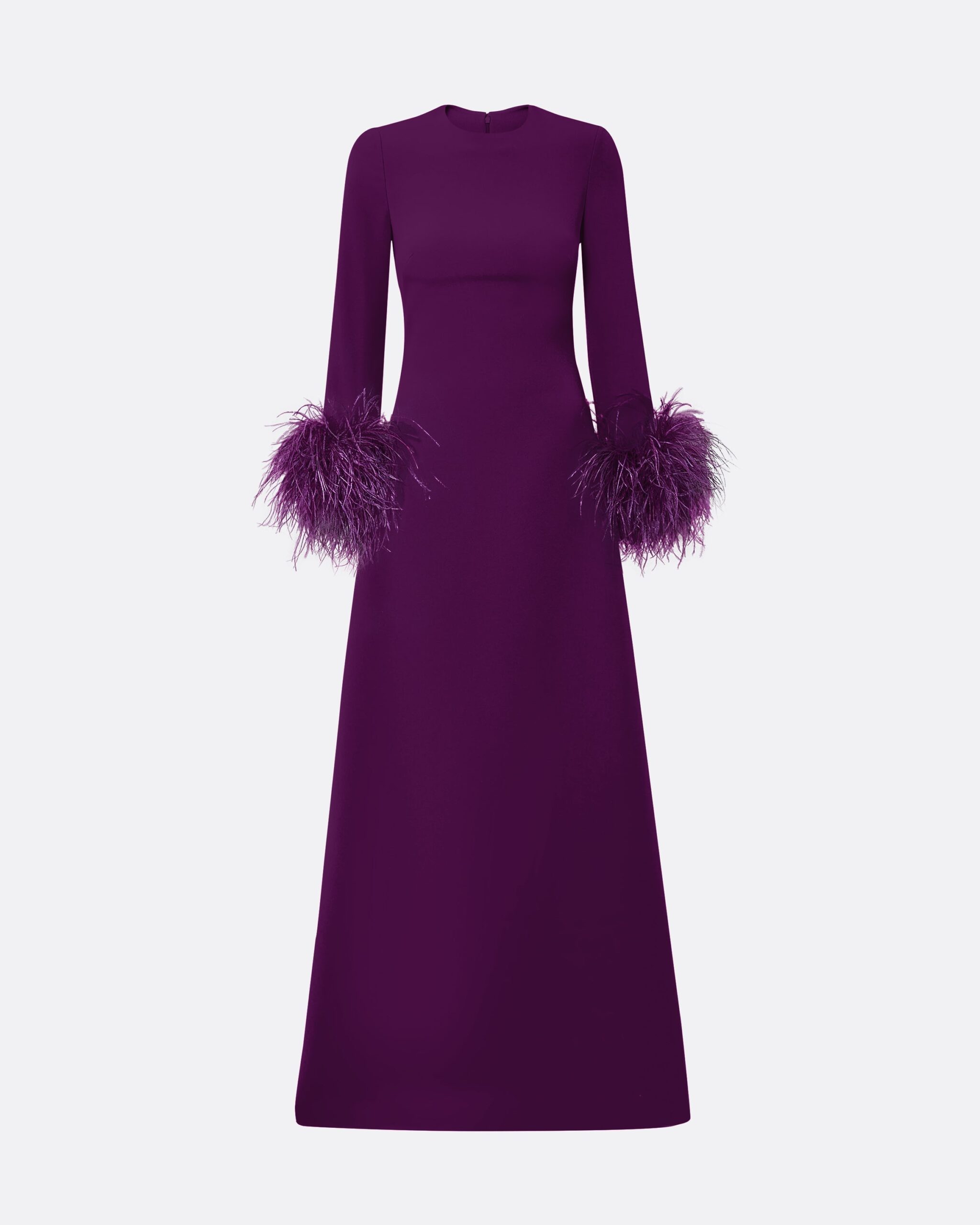 Renalla Currant Feather-Trimmed Long Dress