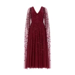 Needle and Thread Clover Cape Sleeve Ankle Gown in Garnet
