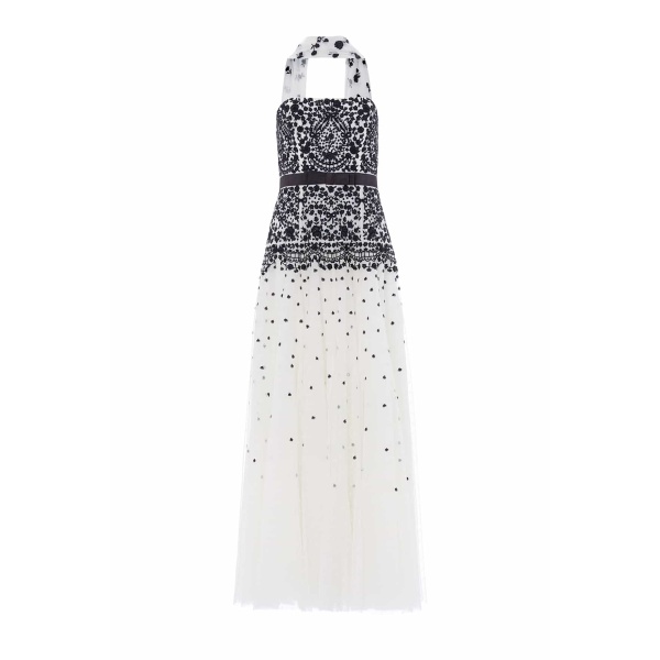 Needle and Thread Gilded Lace Strapless Gown in Chalk/Graphite