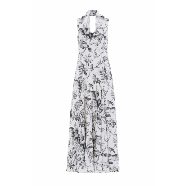 Marie Toile De Jouy Jacquard V-Neck Gown in Moonshine/Graphite