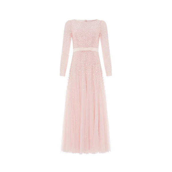 Sequin Cascade Bow Long Sleeve Gown in Dusk Pink/Cream
