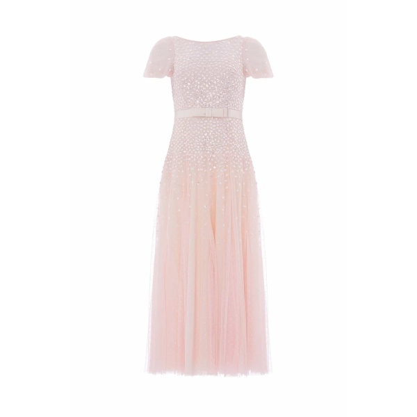 Needle and Thread Sequin Cascade Bow Short Sleeve Gown in Dusk Pink/Cream