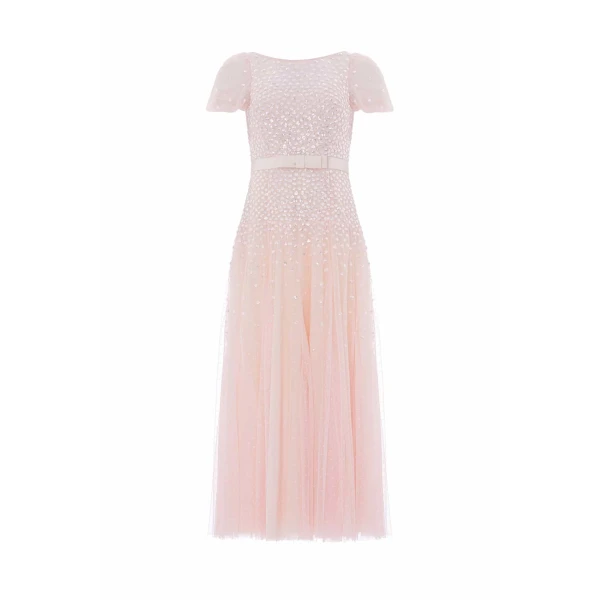 Sequin Cascade Bow Short Sleeve Gown in Dusk Pink/Cream