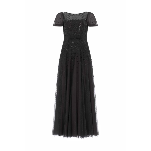 Sequin Cascade Bow Short Sleeve Gown in Graphite