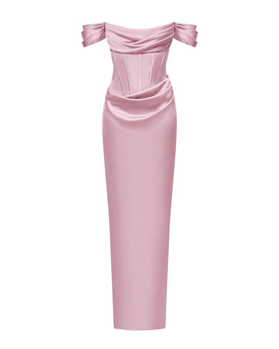 Off-the-shoulder draped corset satin gown in Dusty rose