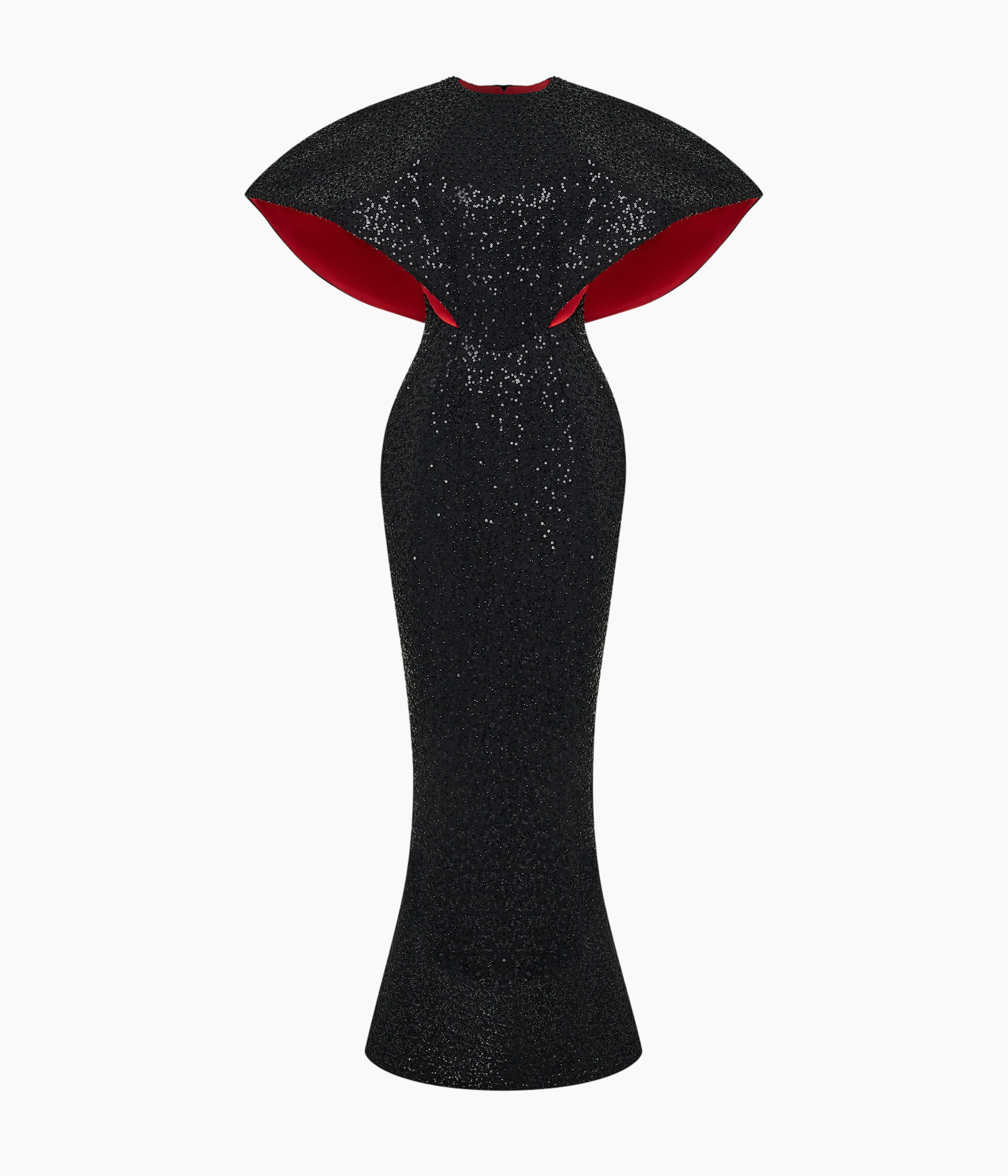 Sequin-Embellished Maxi Gown with Sculptural Contrast-Lined Sleeves in Black