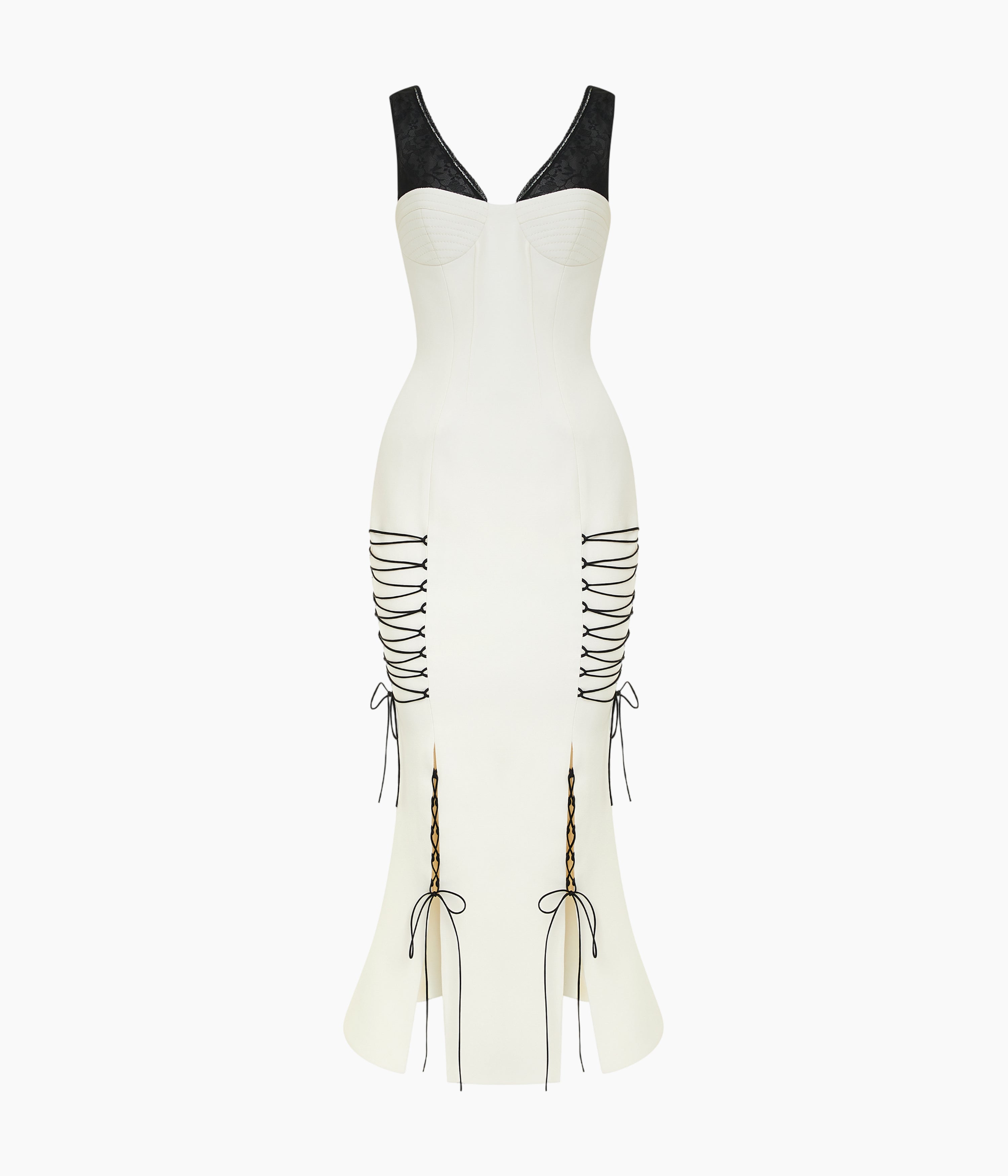Crepe Midi Dress with a Corset Bodice and Lace-Up Detailing in White