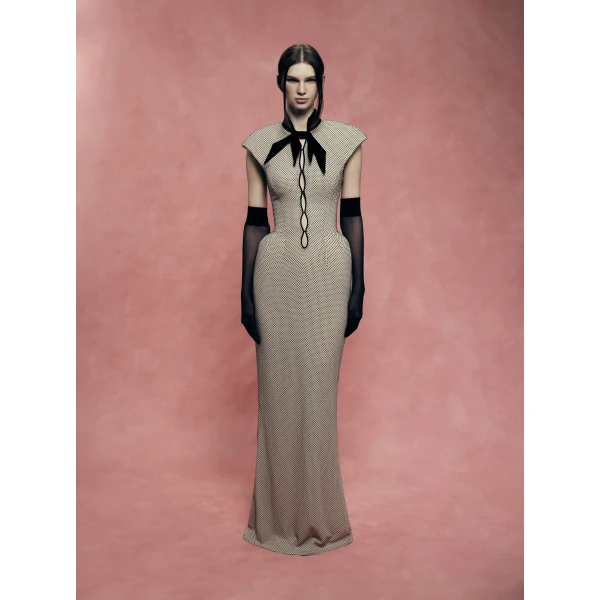 Rasario Crystal-Embellished Maxi Dress with Sculptural Pannier Panels in Beige, view 2