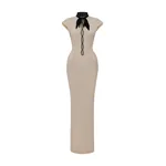 Rasario Crystal-Embellished Maxi Dress with Sculptural Pannier Panels in Beige