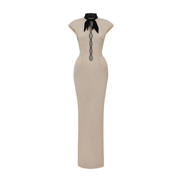 Rasario Crystal-Embellished Maxi Dress with Sculptural Pannier Panels in Beige