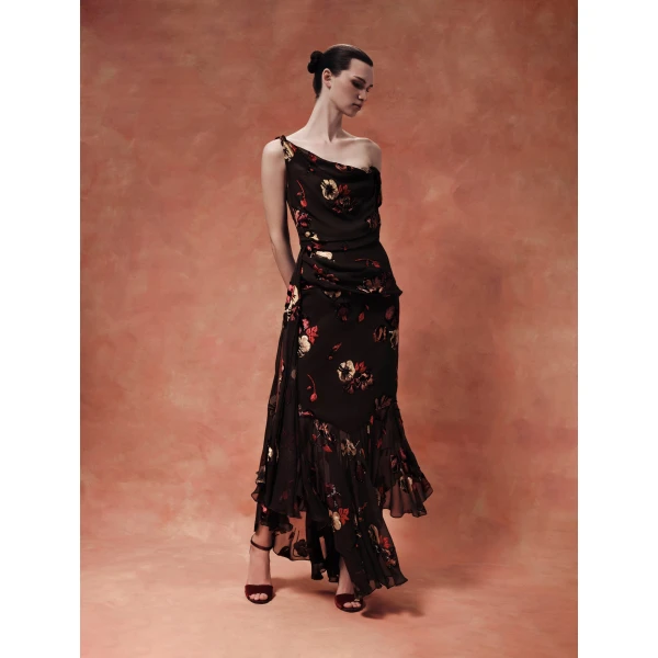 Rasario Midi corset dress made of panne velvet with an asymmetrical bodice in Brown, view 2