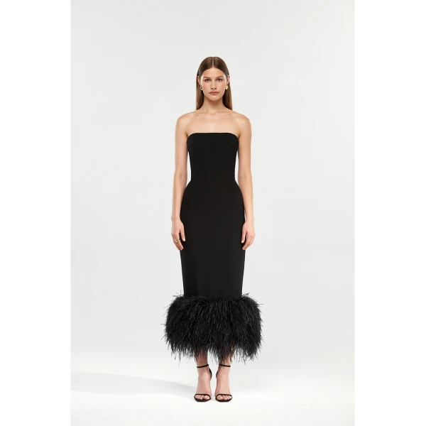 Rasario Corset crepe long midi dress with fringe in Black, view 2
